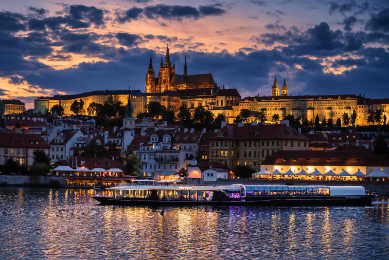 Una crociera serale sotto il Castello di Praga illuminato