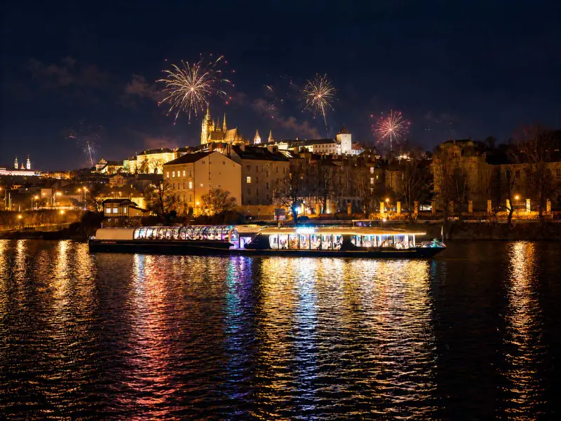 Feuerwerk über der Prager Burg und die beleuchtete Grand Bohemia auf der Moldau