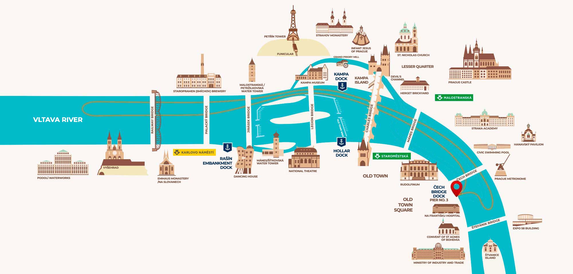 Current Grand Cruise route map — Vltava towards Vyšehrad, published by Prague Boats