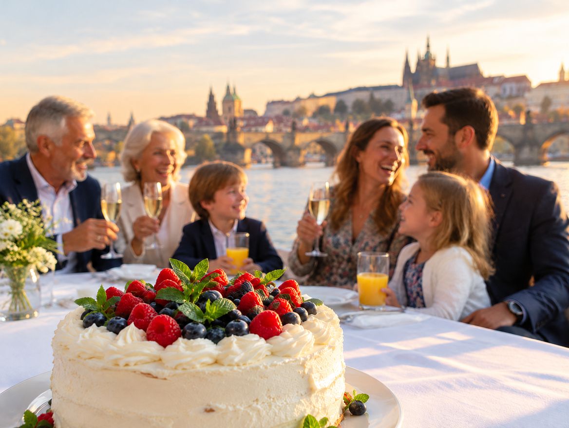Eine Familienfeier mit Torte an Bord eines Bootes, im Hintergrund die Prager Burg und die Karlsbrücke