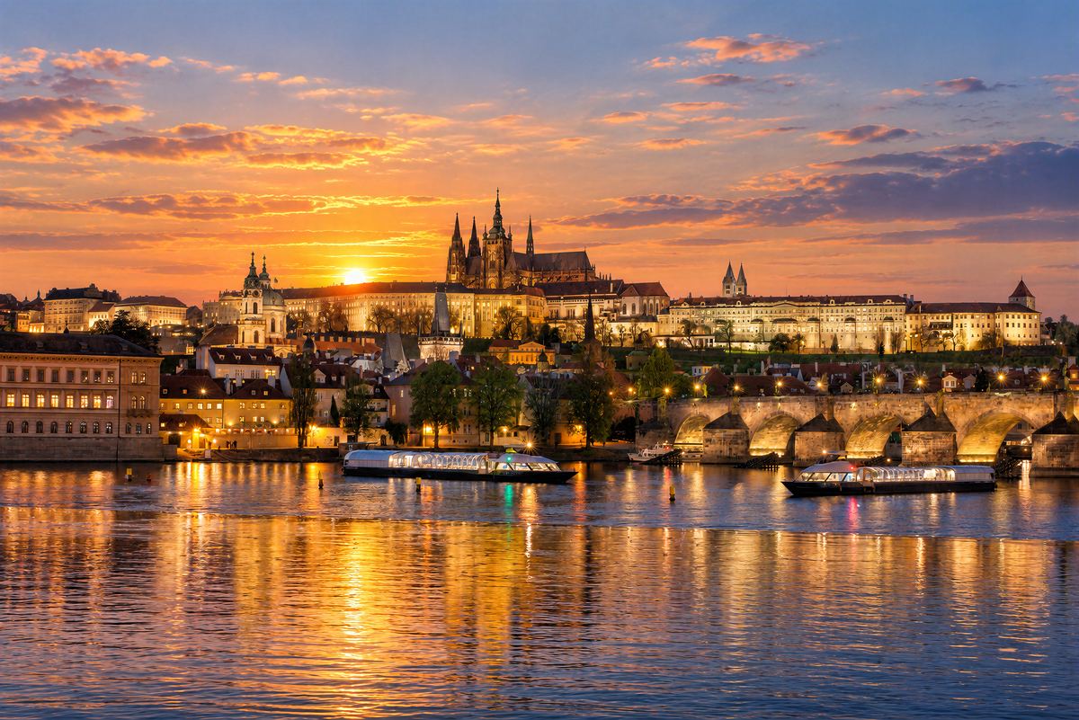 Boote auf der Moldau bei Sonnenuntergang unterhalb der Prager Burg