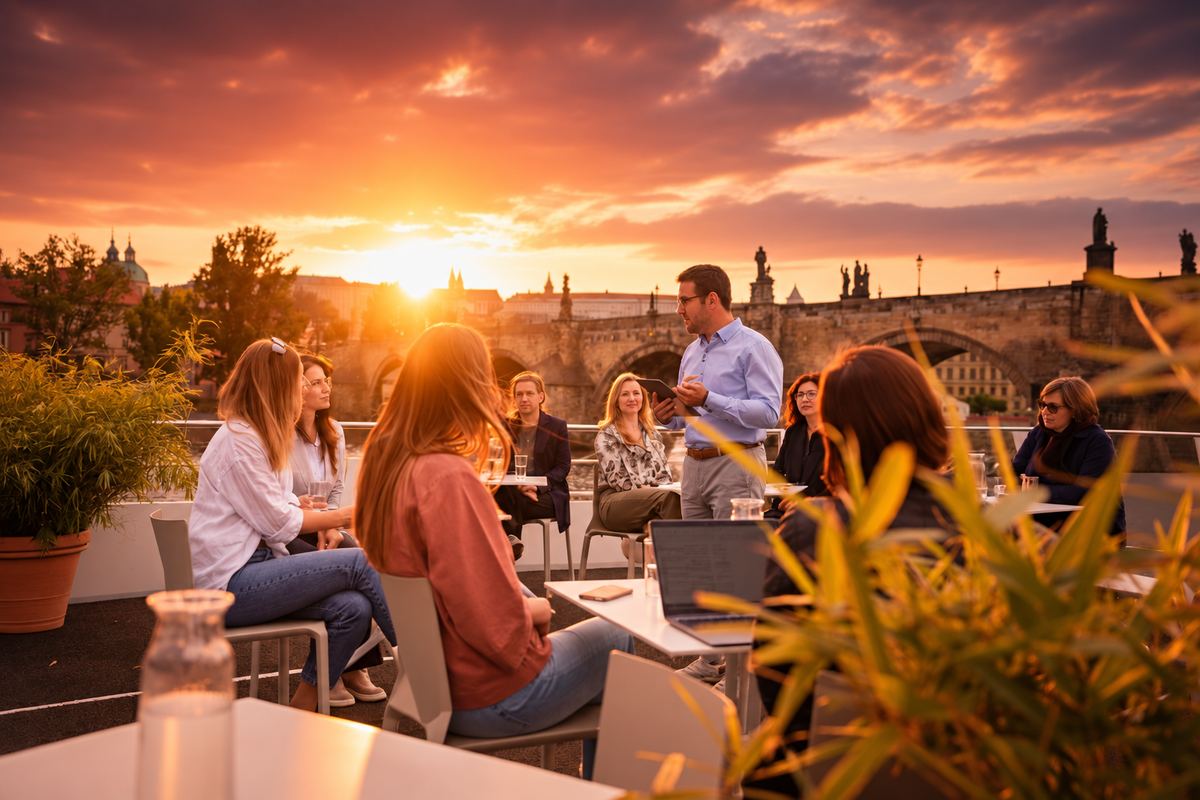 Geschäftstreffen bei Sonnenuntergang mit Blick auf die Karlsbrücke