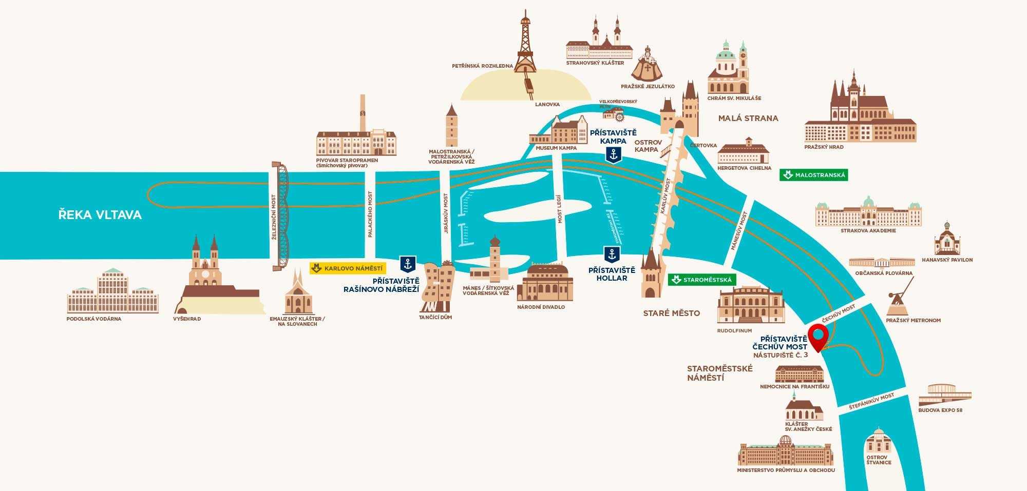 Mapa do itinerário do Grande Cruzeiro por Praga — Moldava desde Štvanice até Vyšehrad