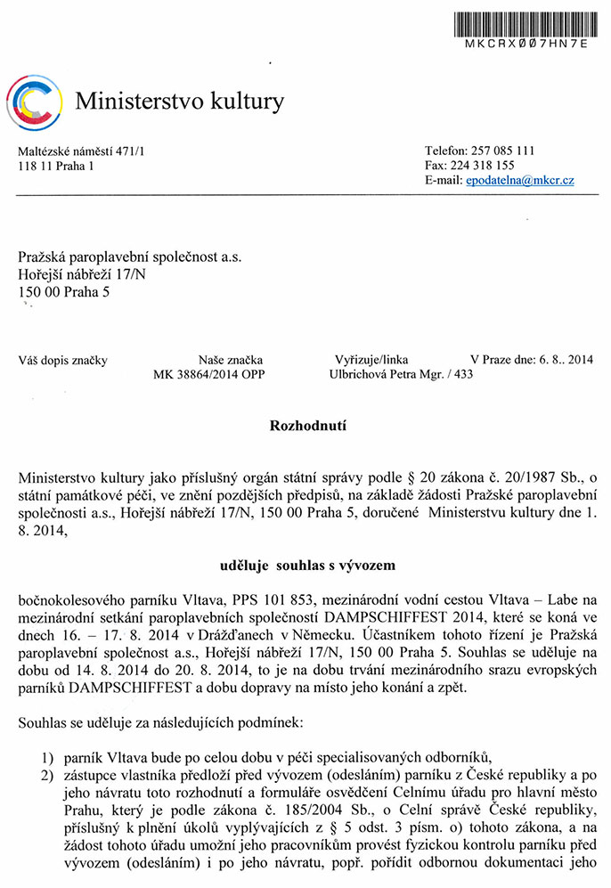 Ministerstvo kultury udělilo parníku Vltava souhlas pro plavbu do Drážďan