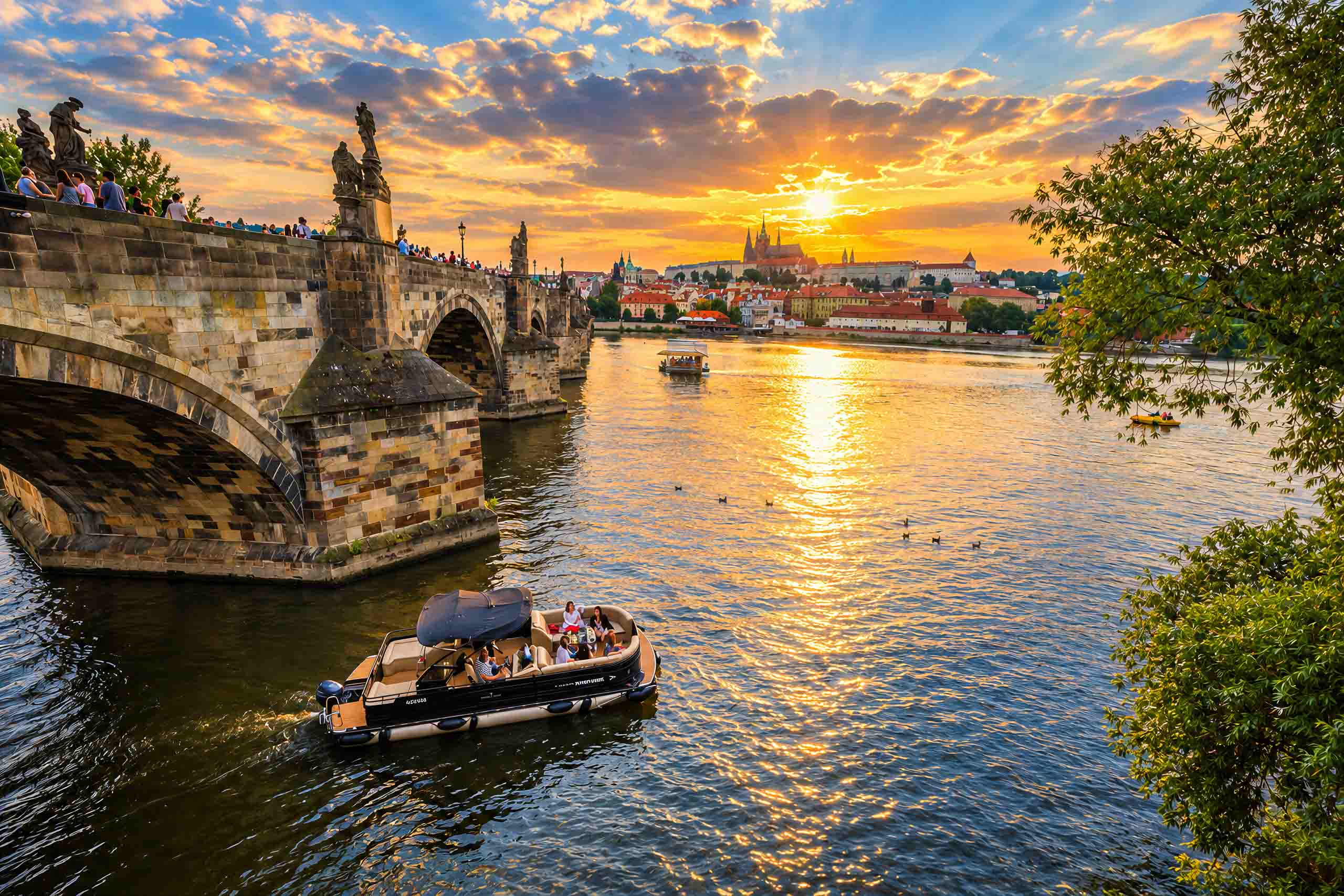Horymír junto a uma ponte de pedra ao pôr do sol.
