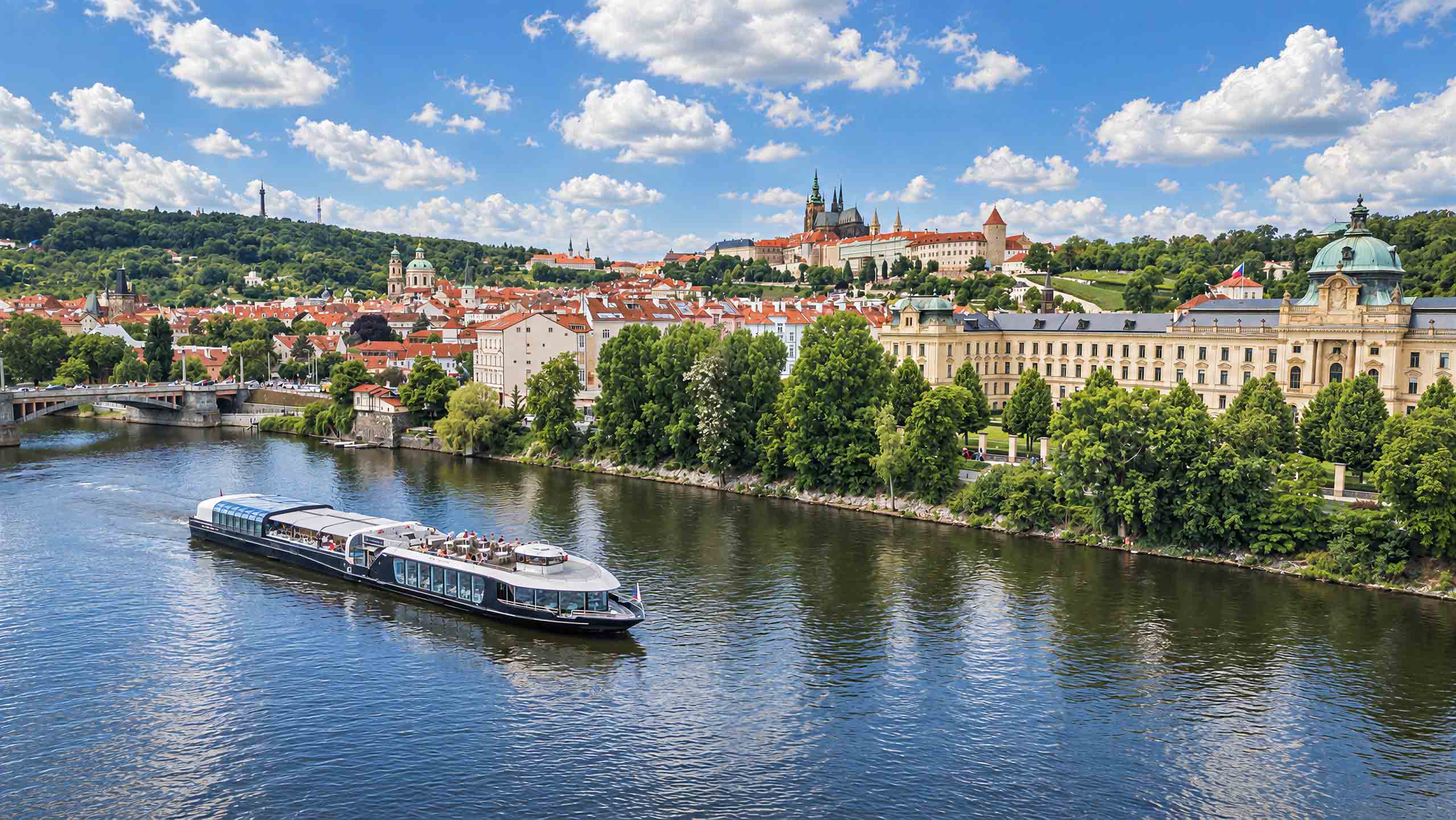 Sightseeing boat below Prague Castle