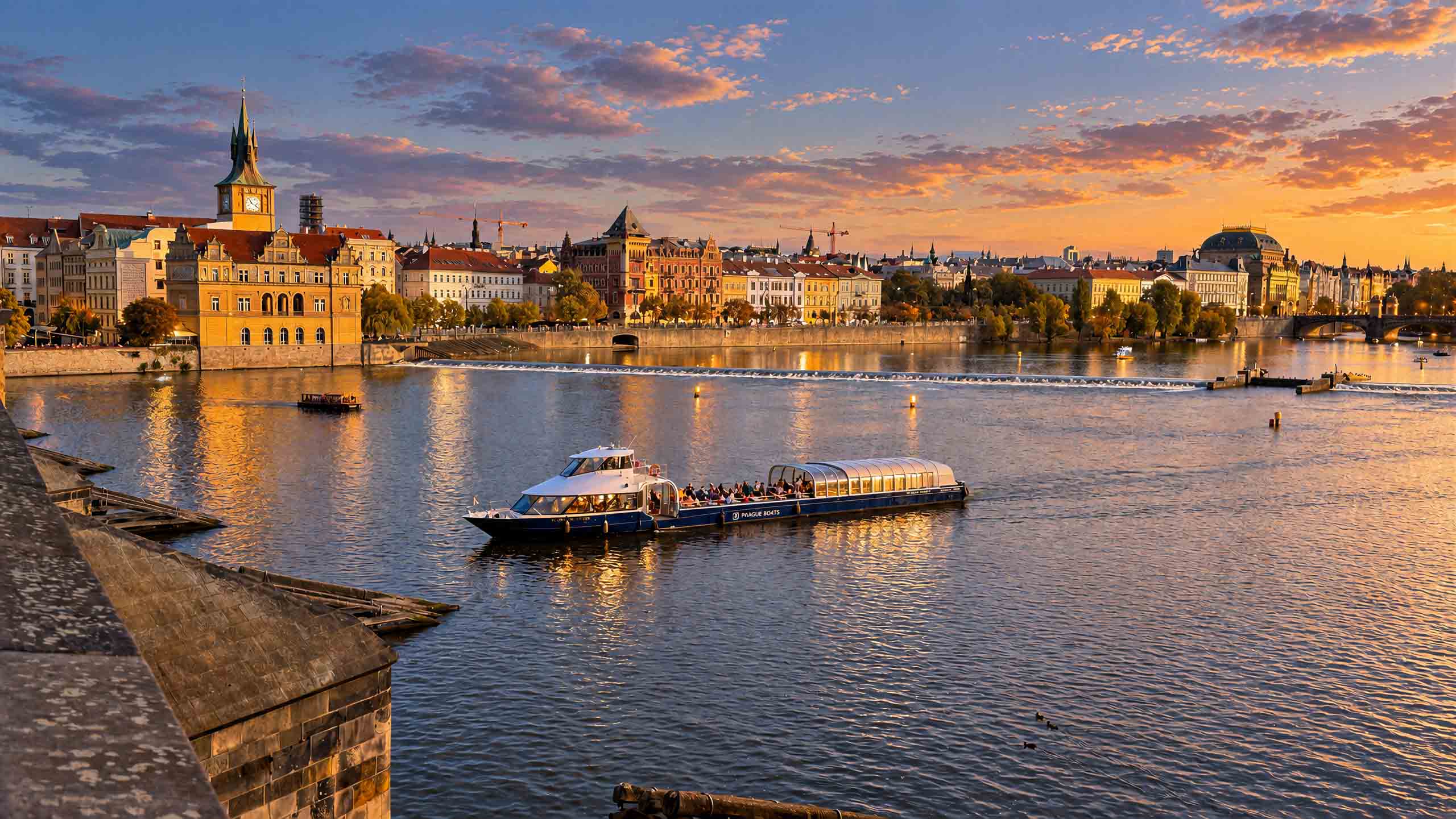 A boat beside the Prague embankment at sunset